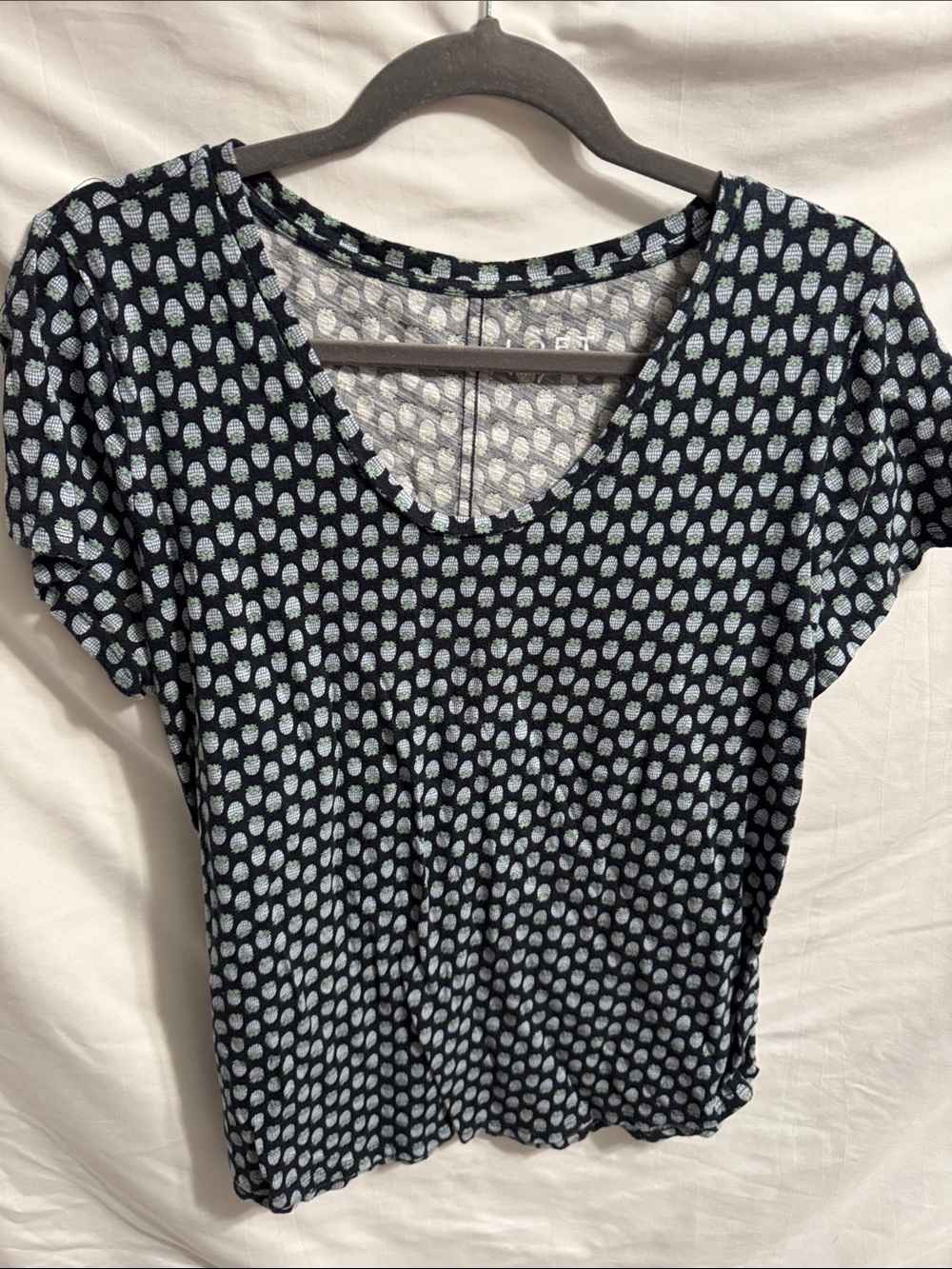 LOFT Navy Short-Sleeve V-Neck Tee with Light Blue Berry Print